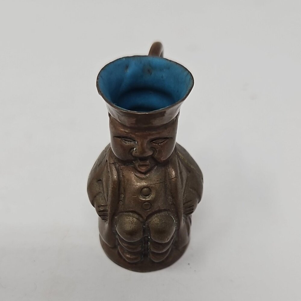 Antique 1920s Blue Enameled Copper Miniature Toby Jug from China Dollhouse 1.75"